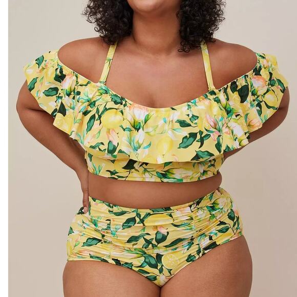 Torrid Plus Size 2 Lemon Print Yellow Two Piece Bikini Swimsuit Top & Bottoms 2X - Picture 2 of 4